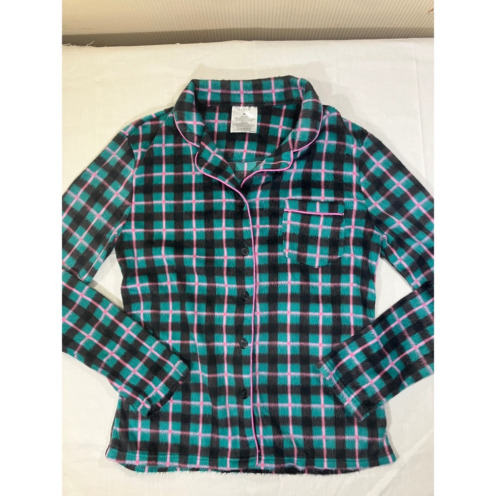 Serra Womens Plaid Fleece Pajama Top Long Sleeve Button Up Size‎ M